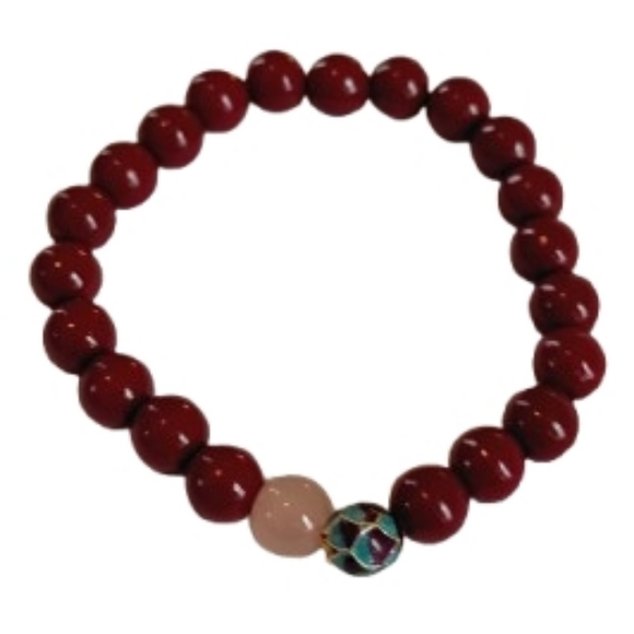 Jewelry - Boho Red Beaded Stretch Bracelet Rose Quartz Cloisonne Enamel